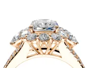 Halo Engagement Ring Setting for Radiant Cut Center with Two-Strand Split Shank and Prong Head in Rose Gold