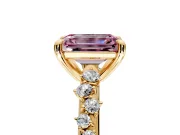 Solitaire Engagement Ring Setting for Fancy Pink Emerald Cut Center with Trailing Leaf Accent Band and Prong Head in Yellow Gold