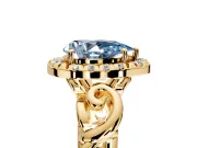 Halo Engagement Ring Setting for Fancy Blue Pear-Shaped Center with Open Scroll Shoulders and Prong Head in Yellow Gold