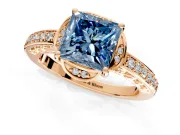 Floral Engagement Ring Setting for Fancy Blue Princess Cut Center with Four Accent Clusters and Prong Head in Rose Gold