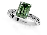 Solitaire Engagement Ring Setting for Fancy Green Emerald Cut Center with Milgrain X Pattern Band and Prong Head in Sterling Silver