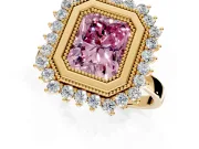 Halo Engagement Ring Setting for Fancy Pink Radiant Cut Center with Milgrain Bezel Rim, Plain Band and Prong Head in Yellow Gold