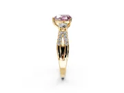 3 Stone Engagement Ring Setting for Fancy Pink Heart-Shaped Center with Pave Split Shank and Prong Head in Yellow Gold