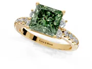 Paired Accent Engagement Ring Setting for Fancy Green Princess Cut Center with Pave Band and Prong Head in Yellow Gold