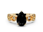 Leaf Engagement Ring Setting for Fancy Black Pear-Shaped Center with Milgrain Accent Band and Prong Head in Yellow Gold
