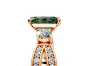 3 Stone Engagement Ring Setting for Fancy Green Emerald Cut Center with Pave Twist Band and Prong Head in Rose Gold