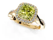 Halo Engagement Ring Setting for Fancy Yellow Cushion Cut Center with Twist Band and Prong Head in Yellow Gold