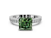 Solitaire Engagement Ring Setting for Fancy Green Princess Cut Center with Milgrain-Edged Pave Band and Prong Head in White Gold