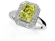 Halo Engagement Ring Setting for Fancy Yellow Radiant Cut Center with Plain Tapered Band and Prong Head in White Gold
