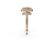 Halo Engagement Ring Setting for Radiant Cut Center with Metal-Rimmed Halo, Pave Band and Prong Head in Rose Gold