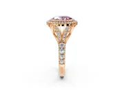 Double Halo Engagement Ring Setting for Fancy Pink Oval Center with Narrow Pave Split Shank and Prong Head in Rose Gold