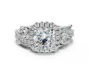 Milgrain Halo Engagement Ring Setting for Cushion Cut Center with Shoulder Bezels and Prong Head in Platinum