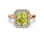 Halo Engagement Ring Setting for Fancy Yellow Radiant Cut Center with Twist Band and Prong Head in Rose Gold
