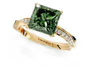 Side Accent Engagement Ring Setting for Fancy Green Princess Cut Center with Accent Shoulders and Prong Head in Yellow Gold