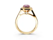 Halo Engagement Ring Setting for Fancy Pink Emerald Cut Center with Outer Bezel Rim, Pave Band and Prong Head in Yellow Gold