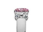 3 Stone Engagement Ring Setting for Fancy Pink Radiant Cut Center with Raised Basket Heads and Prong Head in White Gold