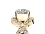 Halo Engagement Ring Setting for Radiant Cut Center with Pave Infinity Twist Band and Prong Head in Yellow Gold