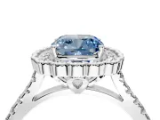 Milgrain Floral Halo Engagement Ring Setting for Fancy Blue Cushion Cut Center with Pave Band and Prong Head in Sterling Silver