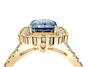 Milgrain Floral Halo Engagement Ring Setting for Fancy Blue Radiant Cut Center with Pave Band and Prong Head in Yellow Gold