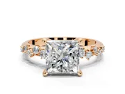 Solitaire Engagement Ring Setting for Princess Cut Center with Trailing Leaf Accent Band and Prong Head in Rose Gold