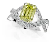 Halo Engagement Ring Setting for Fancy Yellow Emerald Cut Center with Pave Infinity Twist Band and Prong Head in Platinum