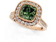 Halo Engagement Ring Setting for Fancy Green Cushion Cut Center with Milgrain Frame, Pave Band and Prong Head in Rose Gold