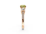 3 Stone Engagement Ring Setting for Fancy Yellow Cushion Cut Center with Crossover Basket, Pave Band and Prong Head in Rose Gold