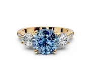 3 Stone Engagement Ring Setting for Fancy Blue Round Cut Center with Crossover Basket, Pave Band and Prong Head in Yellow Gold