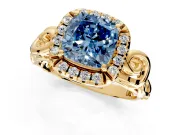 Halo Engagement Ring Setting for Fancy Blue Cushion Cut Center with Open Scroll Shoulders and Prong Head in Yellow Gold