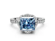 Halo Engagement Ring Setting for Fancy Blue Princess Cut Center with Openwork Halo, Pave Band and Prong Head in White Gold