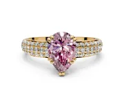 Solitaire Engagement Ring Setting for Fancy Pink Pear-Shaped Center with Multi-Row Pave Accents and Basket Head in Yellow Gold