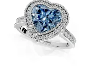 Halo Engagement Ring Setting for Fancy Blue Heart-Shaped Center with Milgrain Pave Band and Bezel Head in Platinum