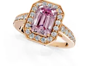 Bezel-Framed Halo Engagement Ring Setting for Fancy Pink Emerald Cut Center with Pave Band and Prong Head in Rose Gold