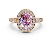 Bezel-Framed Halo Engagement Ring Setting for Fancy Pink Oval Center with Pave Band and Prong Head in Rose Gold