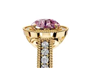 Milgrain Halo Engagement Ring Setting for Fancy Pink Round Cut Center with Pave Band and Prong Head in Yellow Gold