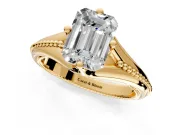 Solitaire Engagement Ring Setting for Emerald Cut Center with Milgrain Cathedral Band and Prong Head in Yellow Gold