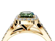 Halo Engagement Ring Setting for Fancy Green Emerald Cut Center with Narrow Pave Split Shank and Prong Head in Yellow Gold
