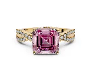 Solitaire Engagement Ring Setting for Fancy Pink Asscher Cut Center with Narrow Twist Pave Band and Prong Head in Yellow Gold