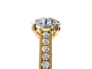 Solitaire Engagement Ring Setting for Round Cut Center with Engraved Pave Band and Prong Head in Yellow Gold