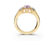 3 Stone Engagement Ring Setting for Fancy Pink Oval Center with Raised Basket Heads and Prong Head in Yellow Gold