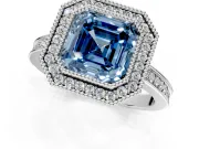 Halo Engagement Ring Setting for Fancy Blue Asscher Cut Center with Milgrain Halo, Pave Band and Prong Head in White Gold