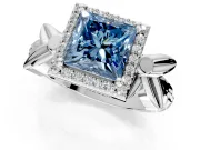 Halo Engagement Ring Setting for Fancy Blue Princess Cut Center with Floral Band and Prong Head in Platinum
