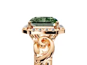 Halo Engagement Ring Setting for Fancy Green Radiant Cut Center with Open Scroll Shoulders and Prong Head in Rose Gold