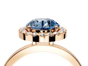 Halo Engagement Ring Setting for Fancy Blue Round Cut Center with Thin Plain Band and Prong Head in Rose Gold