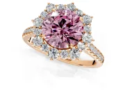 Halo Engagement Ring Setting for Fancy Pink Round Cut Center with Single-Row Pave, Open Basket and Prong Head in Rose Gold