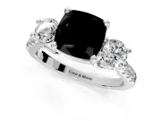 3 Stone Engagement Ring Setting for Fancy Black Cushion Cut Center with Crossover Basket, Pave Band and Prong Head in Platinum