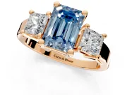 3 Stone Engagement Ring Setting for Fancy Blue Emerald Cut Center with Matching Side Accents and Prong Head in Rose Gold