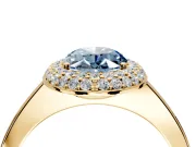 Halo Engagement Ring Setting for Fancy Blue Oval Center with Plain Tapered Band and Prong Head in Yellow Gold
