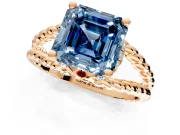 Halo Engagement Ring Setting for Fancy Blue Asscher Cut Center with Rope Twist Split Shank and Prong Head in Rose Gold
