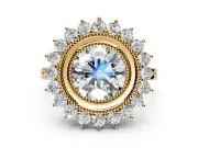 Halo Engagement Ring Setting for Round Cut Center with Milgrain Bezel Rim, Plain Band and Prong Head in Yellow Gold